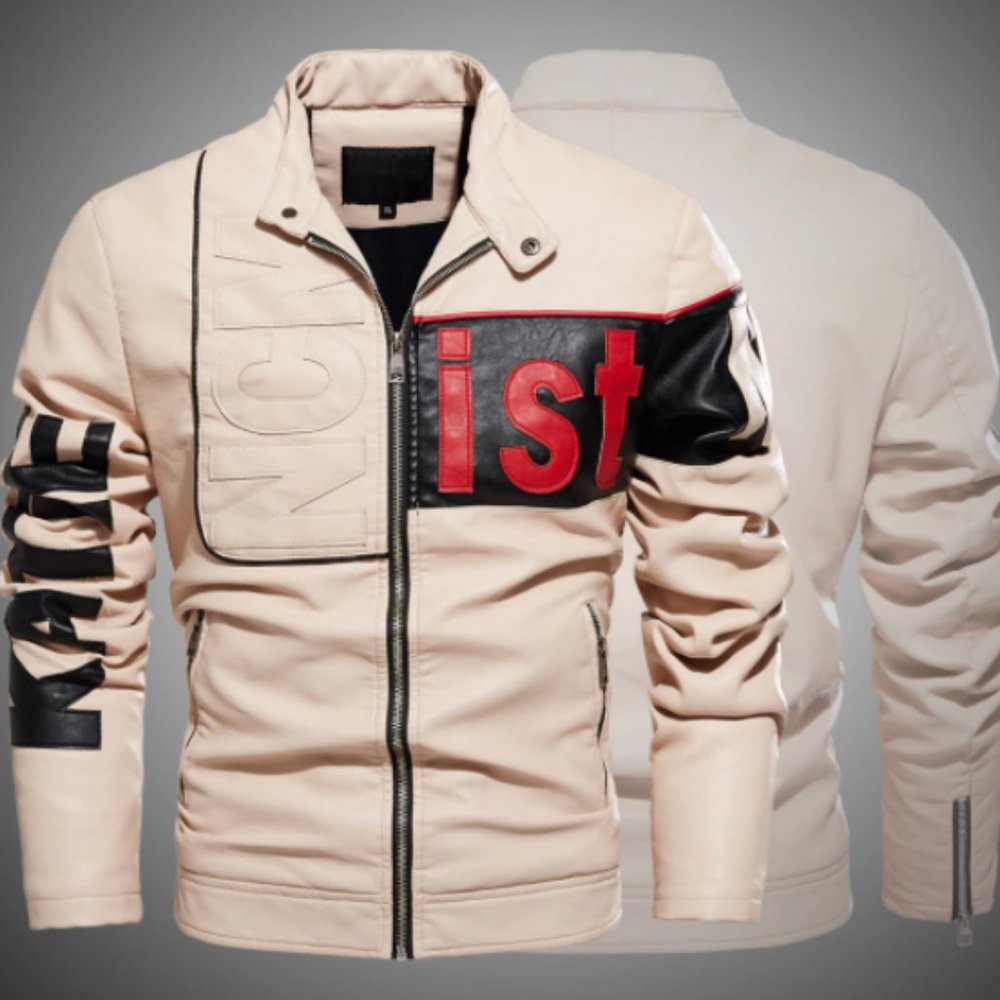 Winter Leather Jacket Men Letter fleece Motorcycle